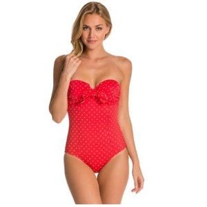 NWT SPANX BANDEAU PUSH UP SWIMSUIT SZ12 red polka.